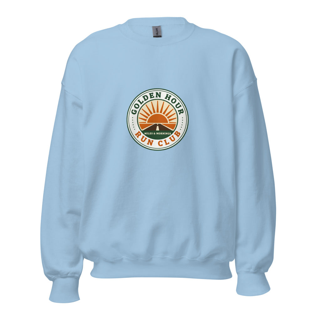 Golden Hour Run Club retro running crewneck sweatshirt — Light Blue, front