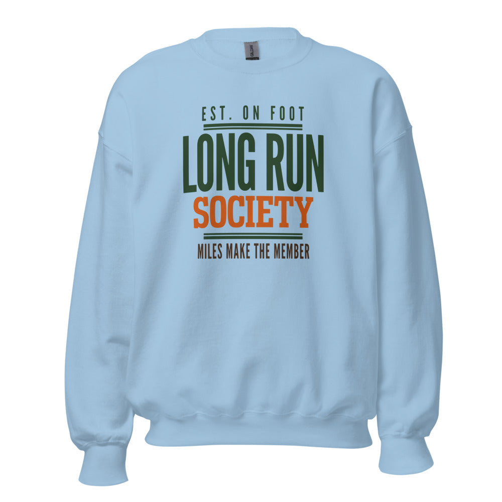 Long Run Society retro running crewneck sweatshirt — Light Blue, front