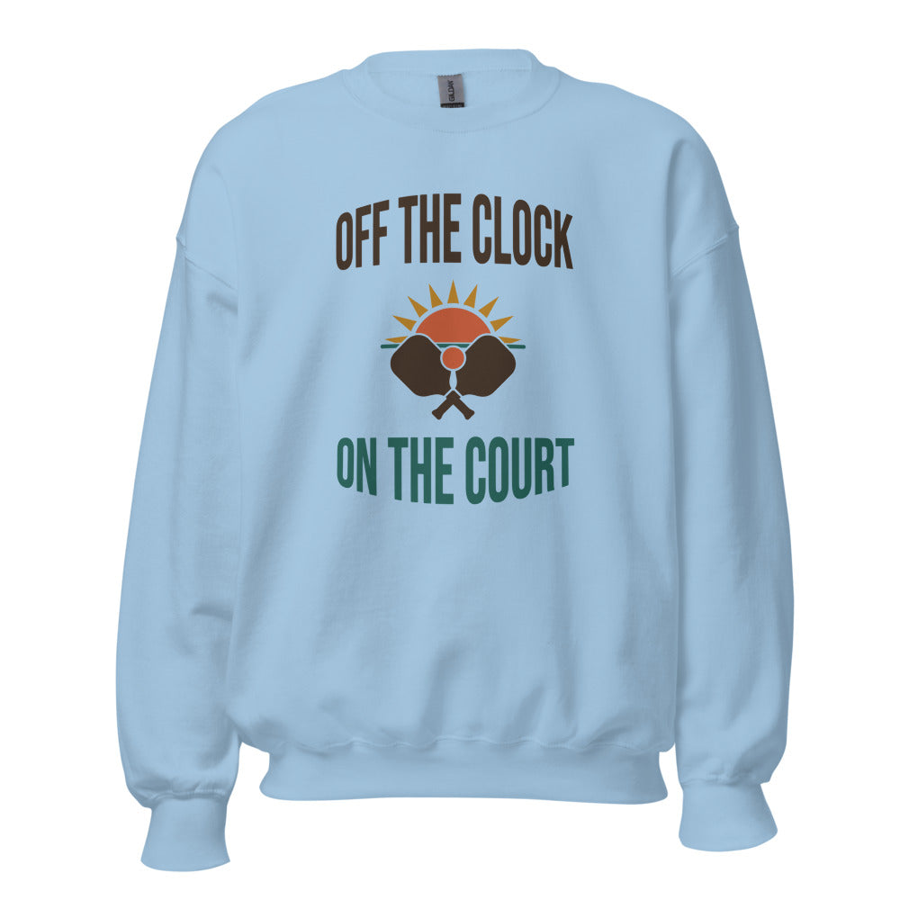 Off The Clock On The Court retro pickleball crewneck sweatshirt — Light Blue, front