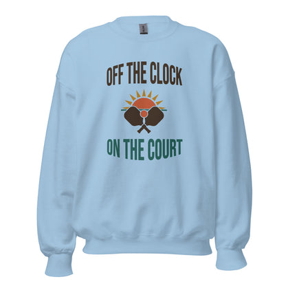 Off The Clock On The Court retro pickleball crewneck sweatshirt — Light Blue, front