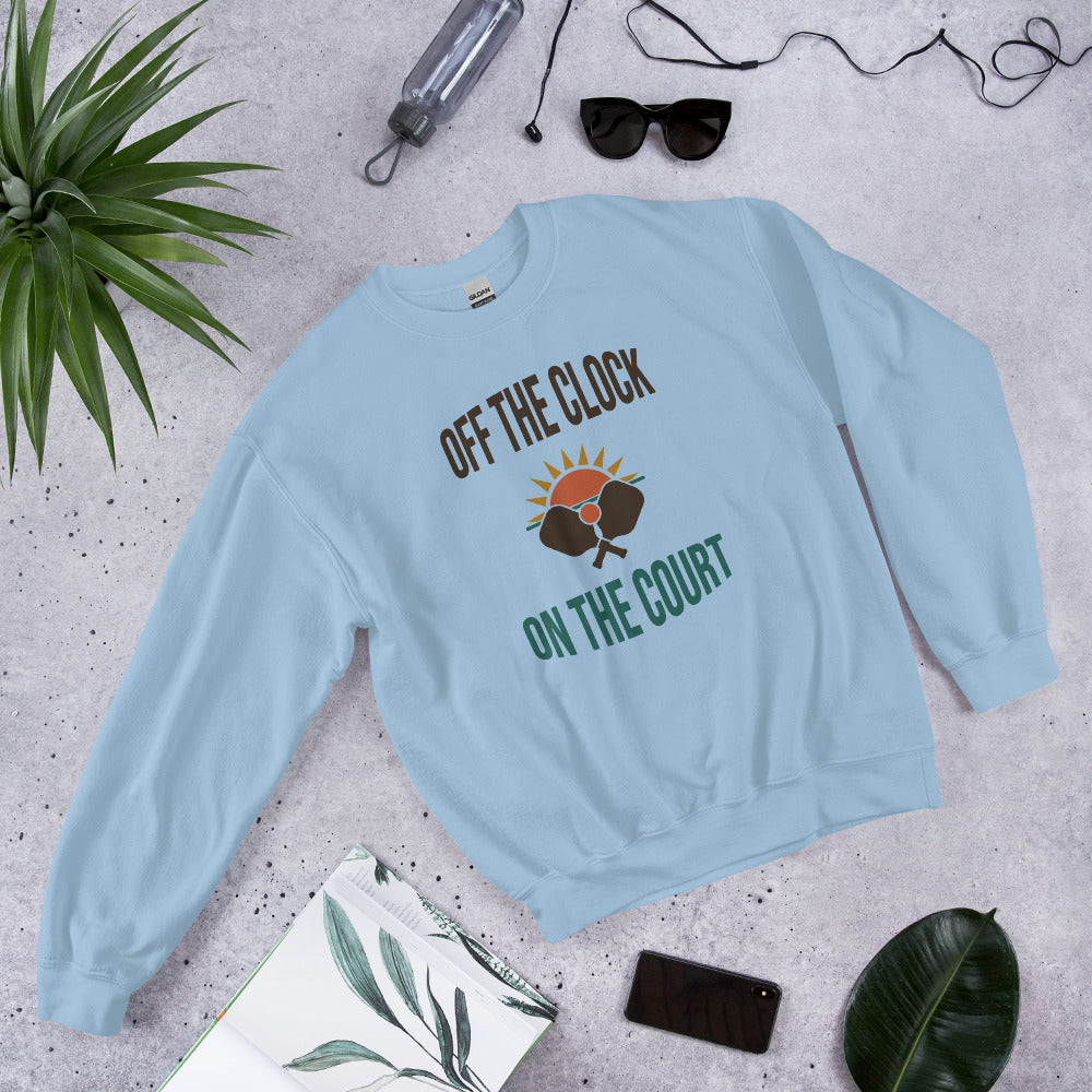 Off The Clock On The Court retro pickleball crewneck sweatshirt — Light Blue, side