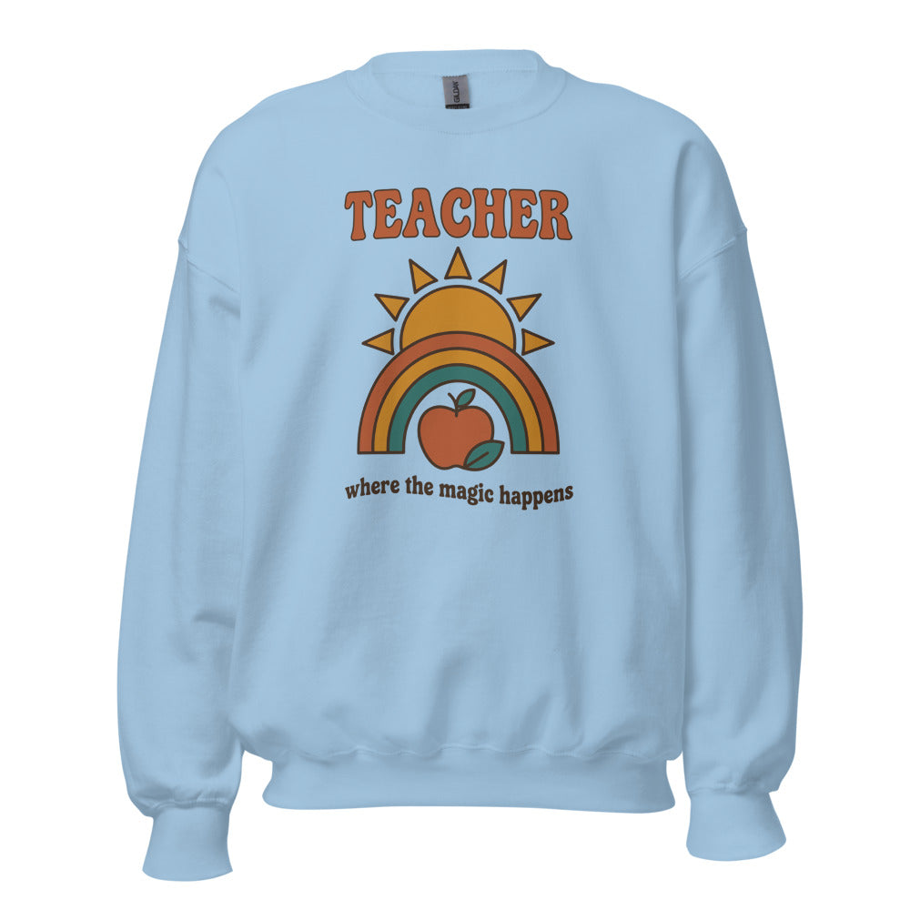 Teacher Where The Magic Happens retro groovy teacher crewneck sweatshirt — Light Blue, front
