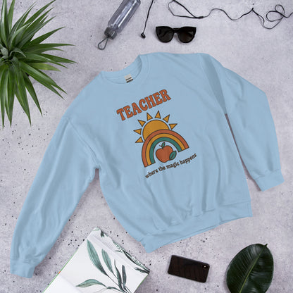 Teacher Where The Magic Happens retro groovy teacher crewneck sweatshirt — Light Blue, front angle