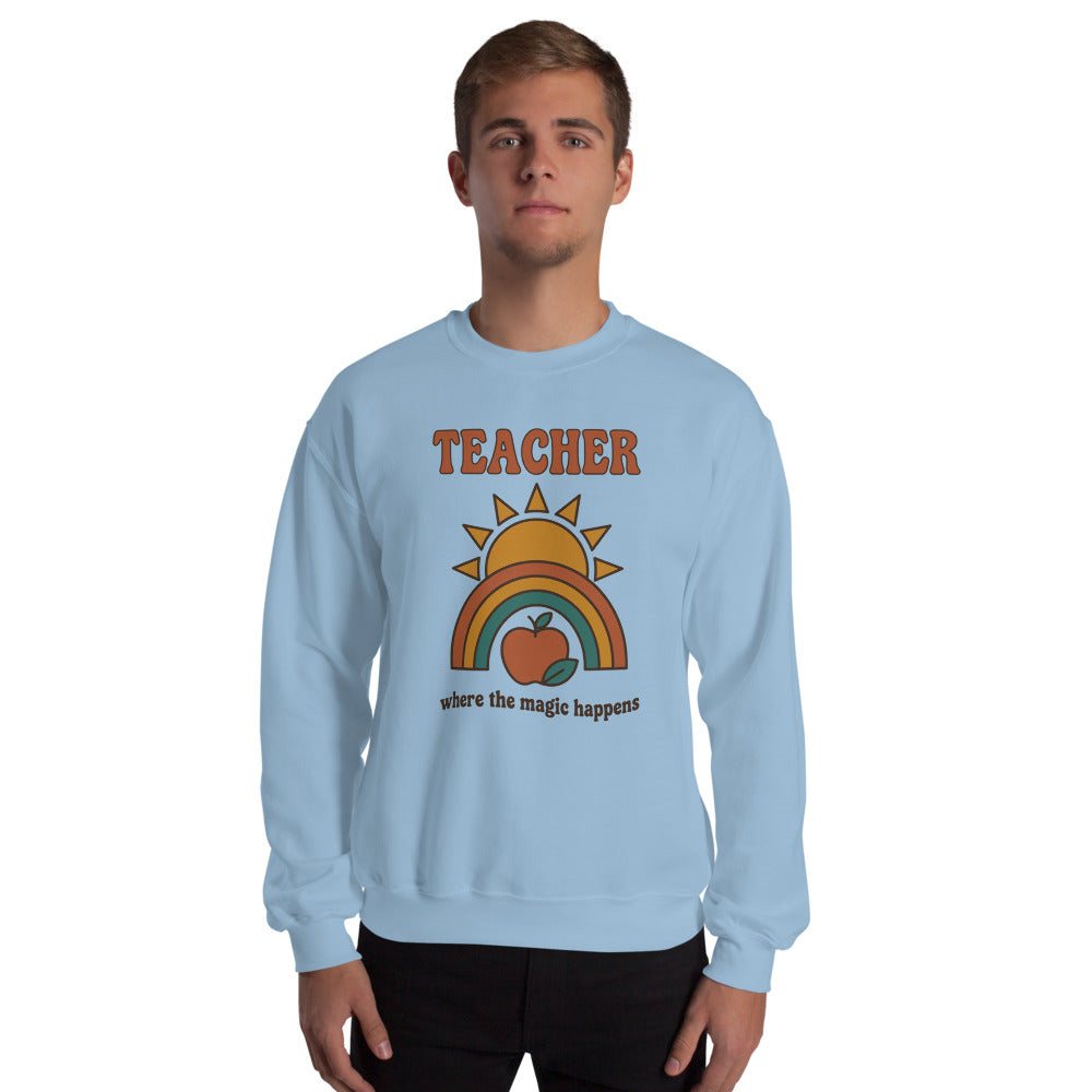 Teacher Where The Magic Happens retro groovy teacher crewneck sweatshirt — Light Blue, on model