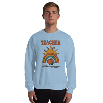 Teacher Where The Magic Happens retro groovy teacher crewneck sweatshirt — Light Blue, on model