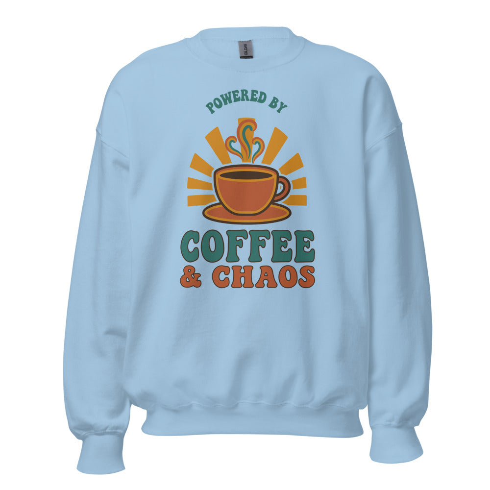 Powered By Coffee And Chaos retro groovy teacher crewneck sweatshirt — Light Blue, front