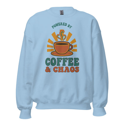 Powered By Coffee And Chaos retro groovy teacher crewneck sweatshirt — Light Blue, front