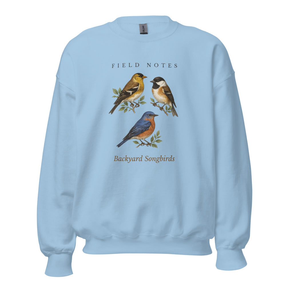 Backyard Songbirds vintage field-guide crewneck sweatshirt — Light Blue, front
