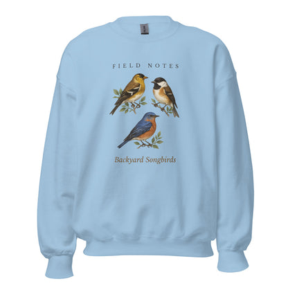 Backyard Songbirds vintage field-guide crewneck sweatshirt — Light Blue, front