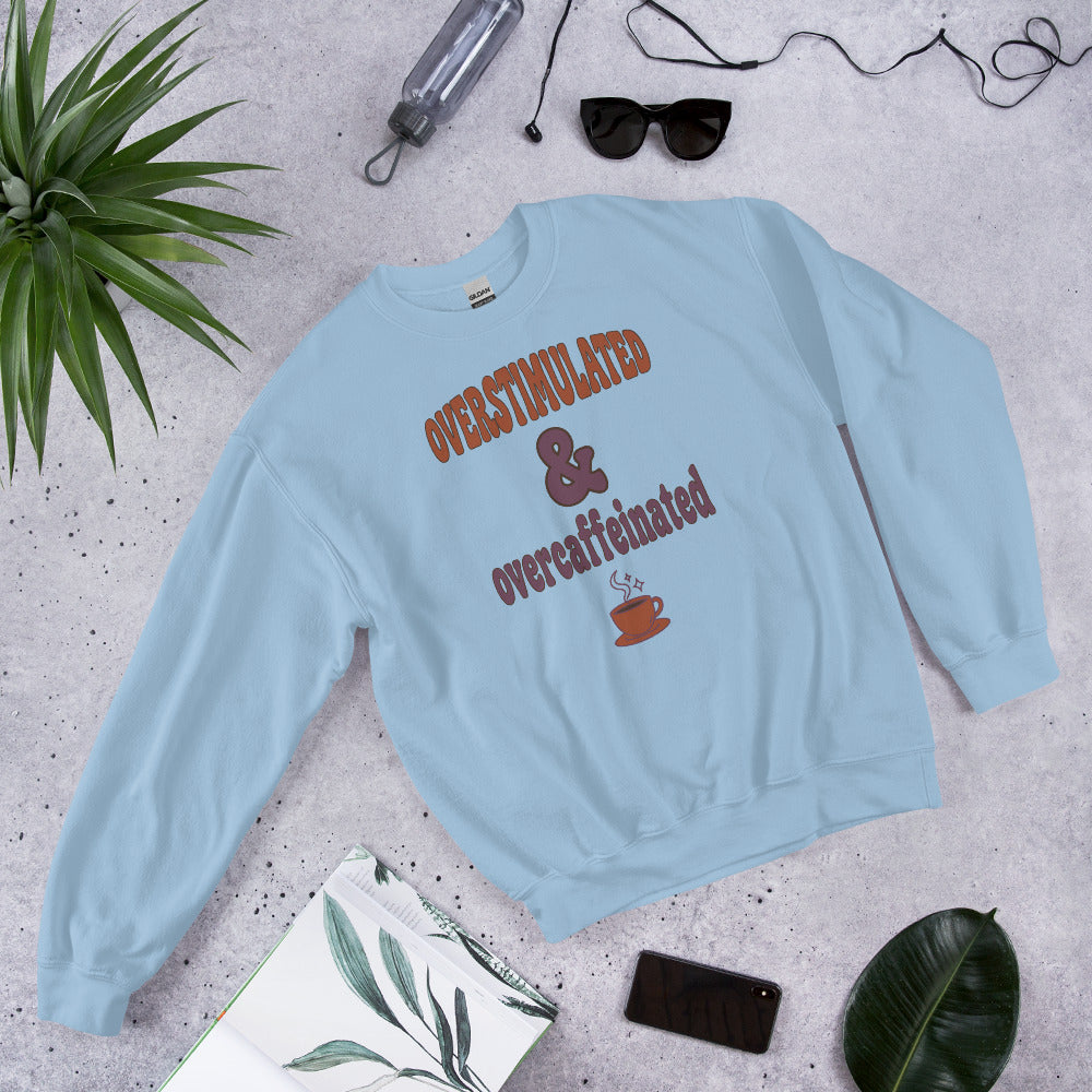 Overstimulated & Overcaffeinated soft retro coffee mental health crewneck sweatshirt — Light Blue, front-right