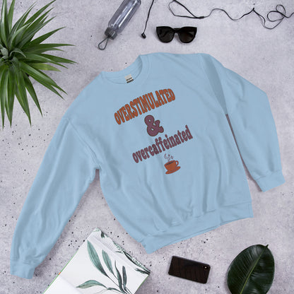 Overstimulated & Overcaffeinated soft retro coffee mental health crewneck sweatshirt — Light Blue, front-right
