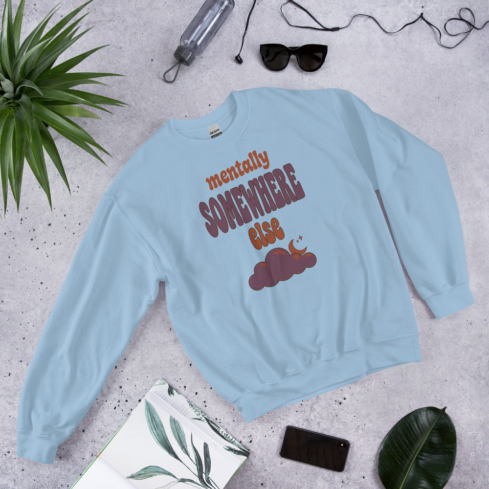 Mentally Somewhere Else soft retro daydream mental health crewneck sweatshirt — Light Blue, front-right