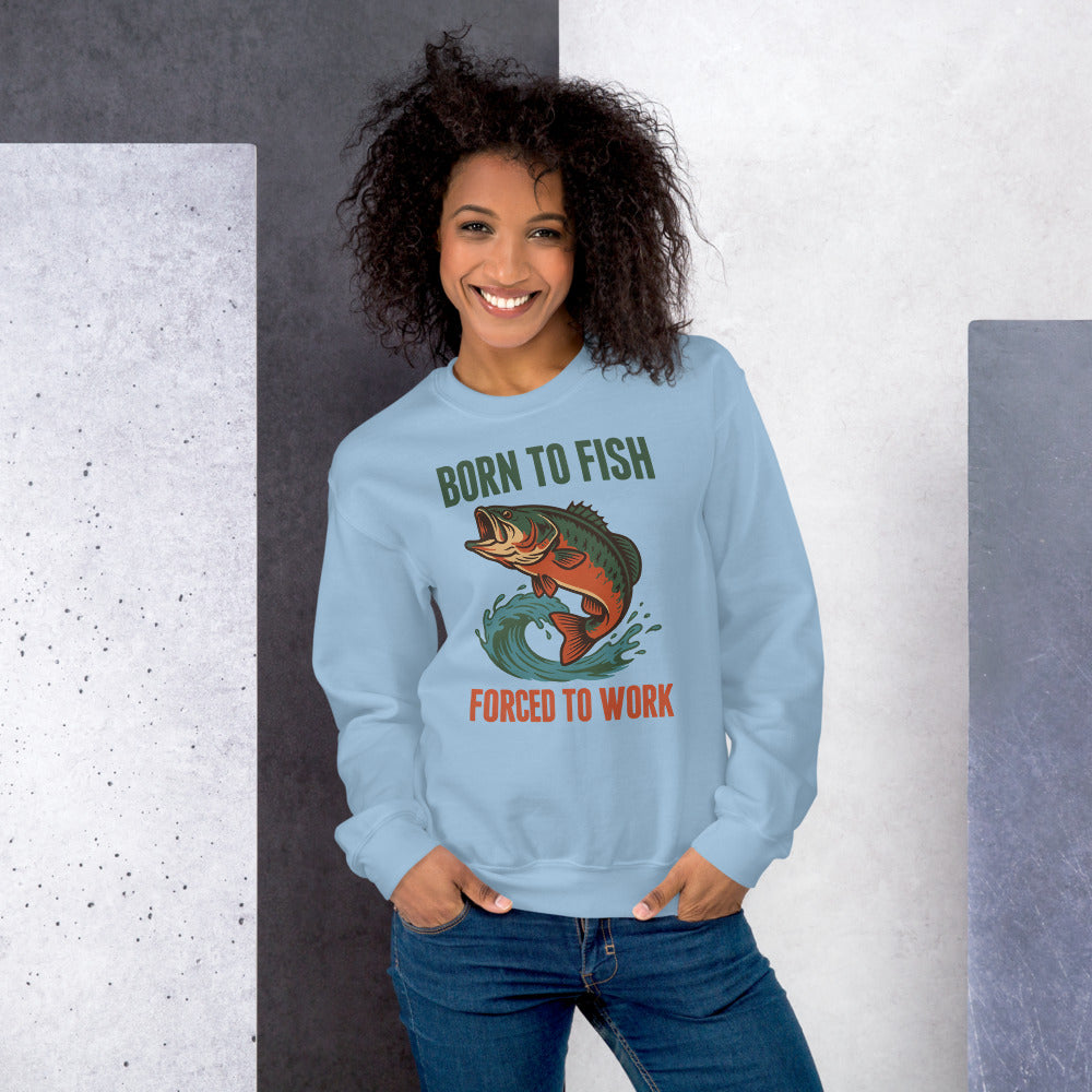 Born to Fish Forced to Work retro fishing humor crewneck sweatshirt — Light Blue, on model