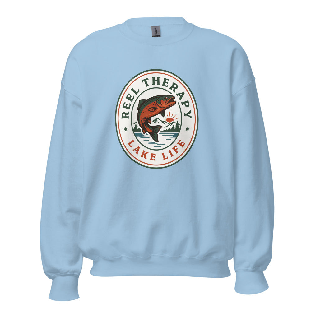 Reel Therapy retro national-park trout badge fishing crewneck sweatshirt — Light Blue, front