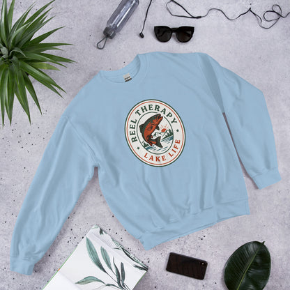 Reel Therapy retro national-park trout badge fishing crewneck sweatshirt — Light Blue, front-right