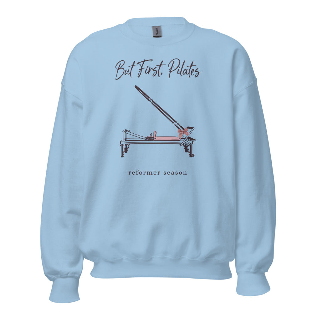 But First Pilates reformer line-art crewneck sweatshirt — Light Blue, front