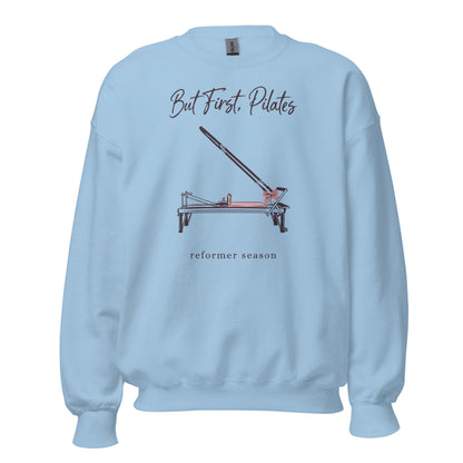 But First Pilates reformer line-art crewneck sweatshirt — Light Blue, front
