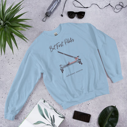 But First Pilates reformer line-art crewneck sweatshirt — Light Blue, front-right