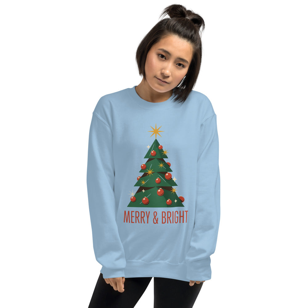 Atomic mid-century retro Christmas tree crewneck sweatshirt — Light Blue, on model