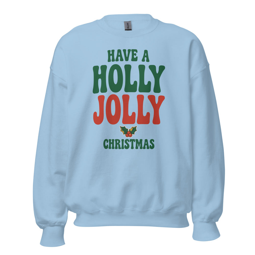 Groovy Holly Jolly retro Christmas crewneck sweatshirt — Light Blue, front