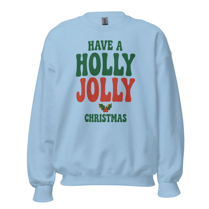 Groovy Holly Jolly retro Christmas crewneck sweatshirt — Light Blue, front