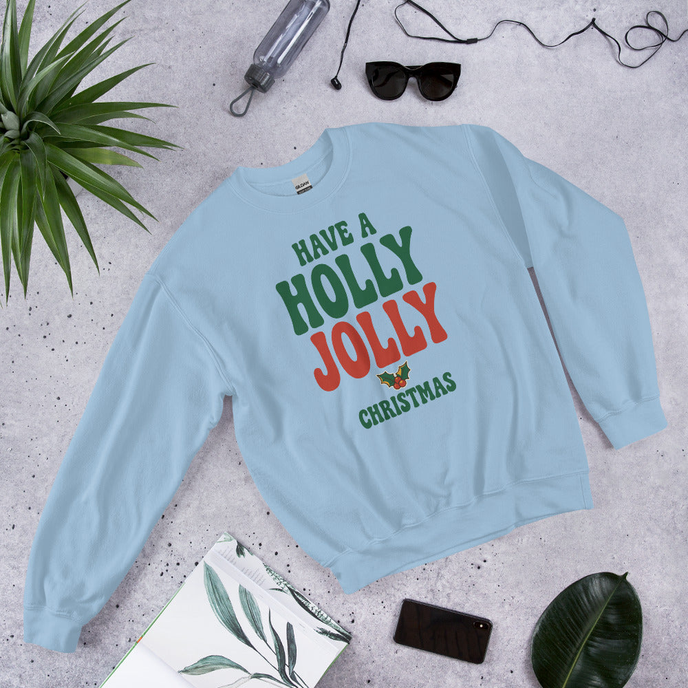 Groovy Holly Jolly retro Christmas crewneck sweatshirt — Light Blue, front-right
