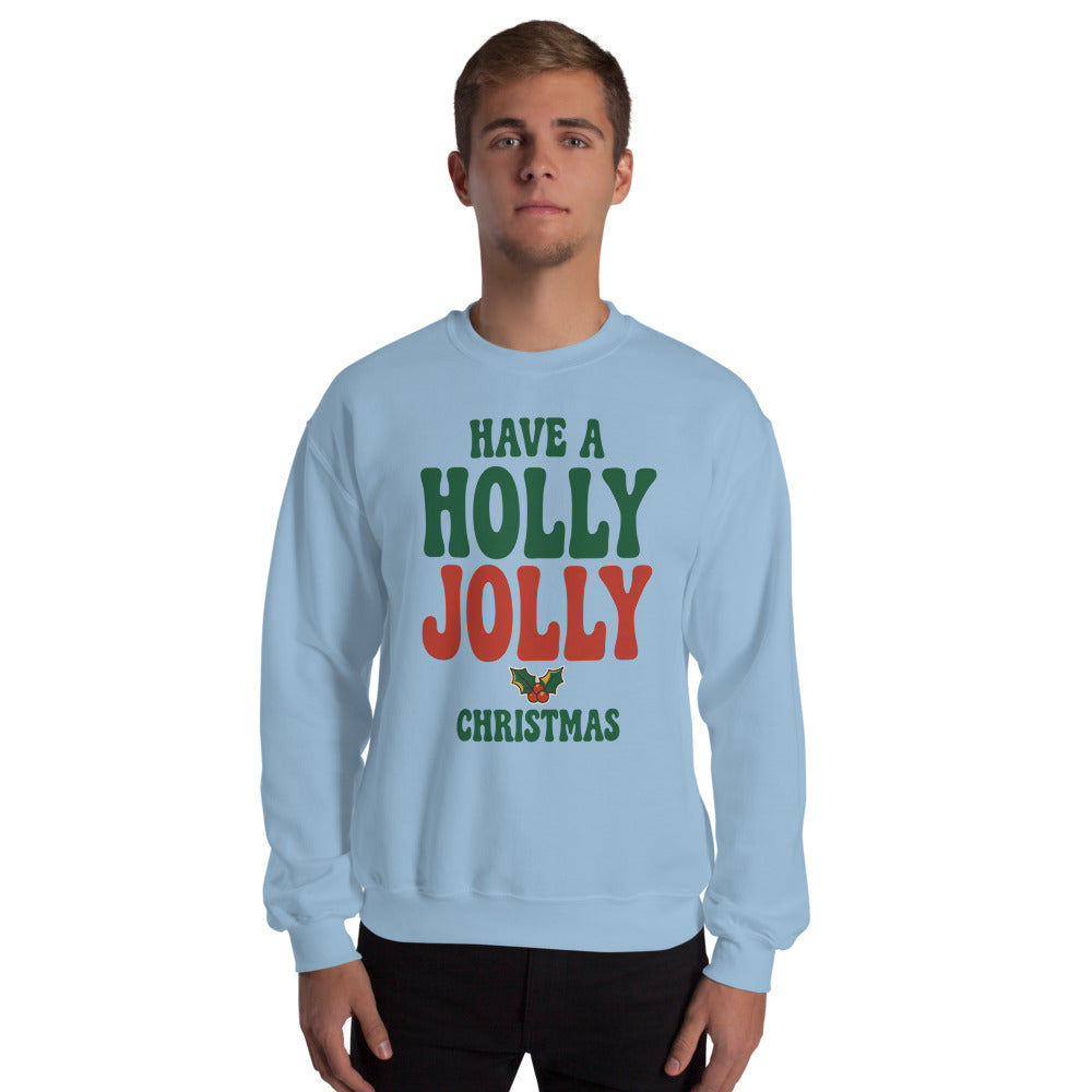 Groovy Holly Jolly retro Christmas crewneck sweatshirt — Light Blue, on model