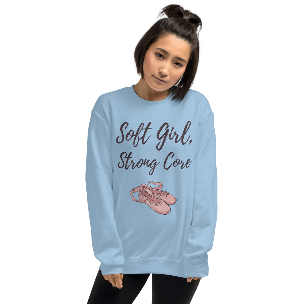 Soft Girl Strong Core ballet coquette pilates sweatshirt — Light Blue, on model