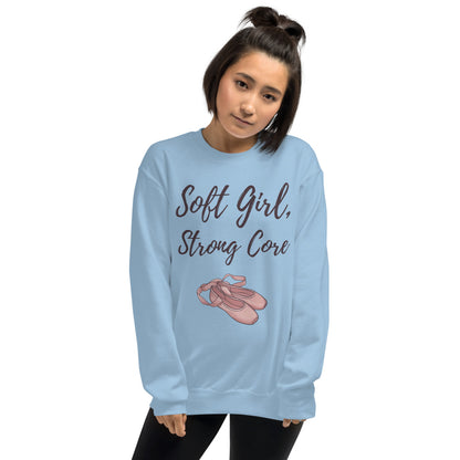 Soft Girl Strong Core ballet coquette pilates sweatshirt — Light Blue, on model