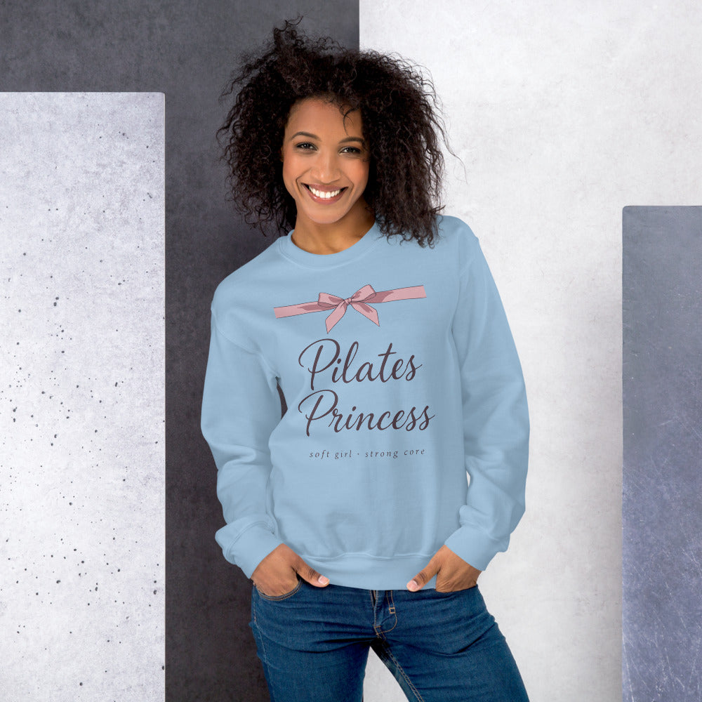 Pilates Princess coquette bow crewneck sweatshirt — Light Blue, on model