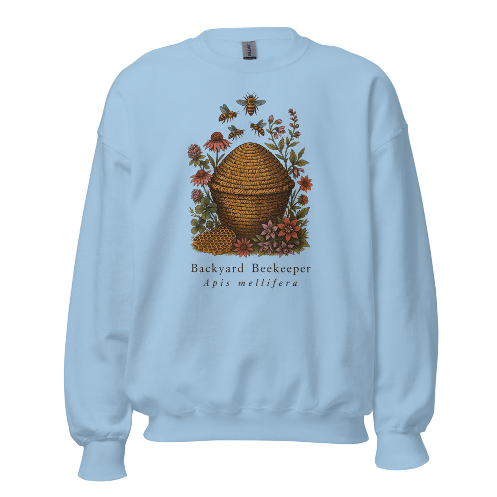 Backyard Beekeeper field-guide bee crewneck sweatshirt — Light Blue, front