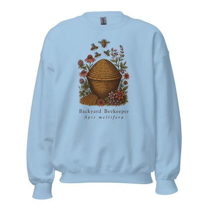 Backyard Beekeeper field-guide bee crewneck sweatshirt — Light Blue, front