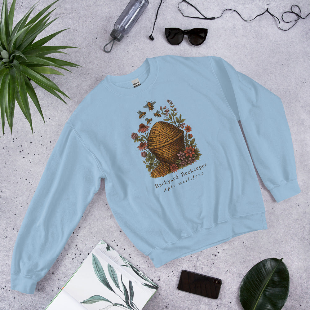 Backyard Beekeeper field-guide bee crewneck sweatshirt — Light Blue, front-right