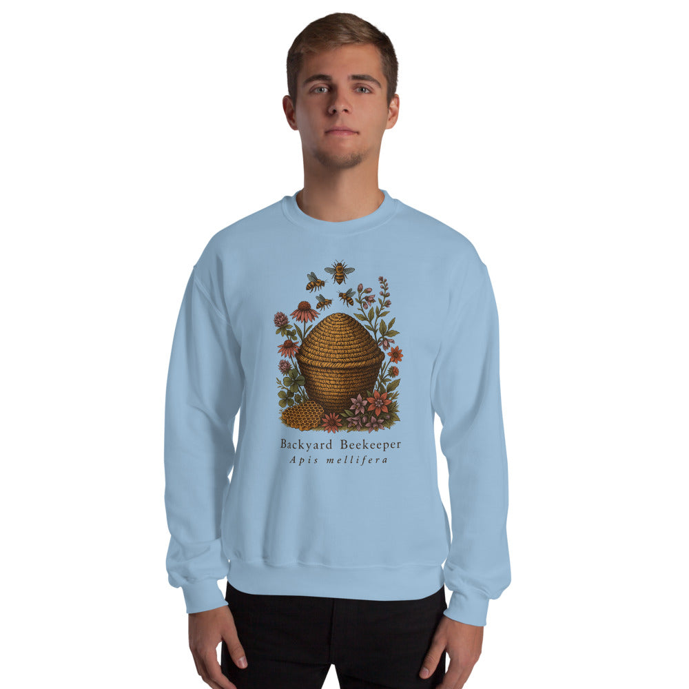 Backyard Beekeeper field-guide bee crewneck sweatshirt — Light Blue, on model