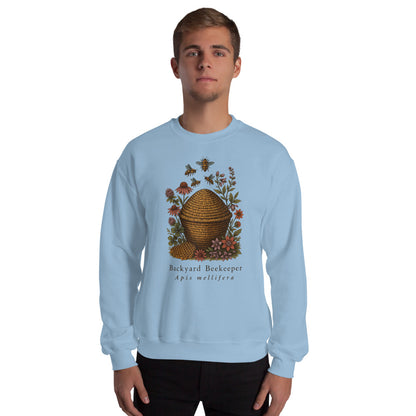 Backyard Beekeeper field-guide bee crewneck sweatshirt — Light Blue, on model