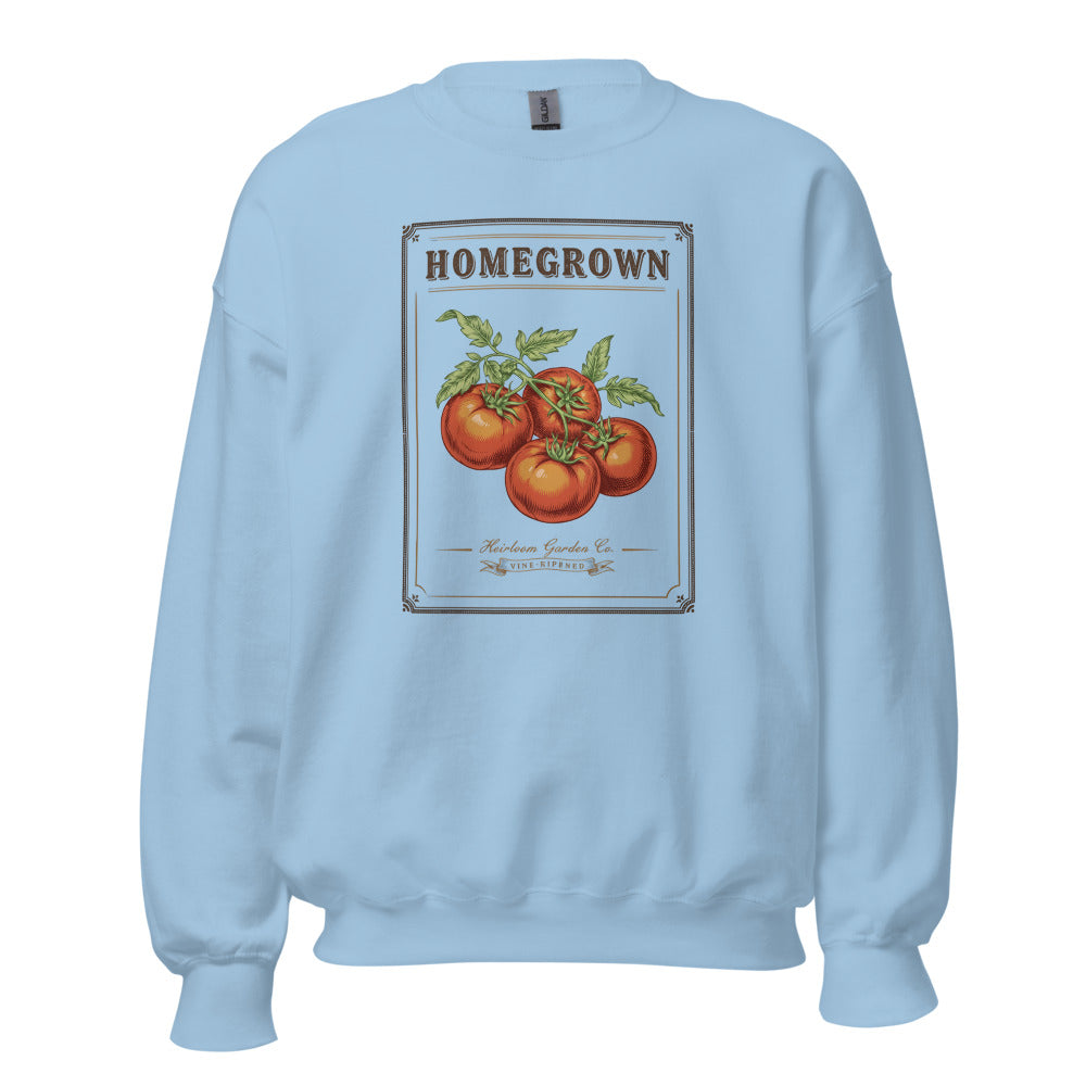 Homegrown Heirloom Seed Packet gardening crewneck sweatshirt — Light Blue, front