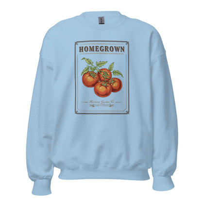 Homegrown Heirloom Seed Packet gardening crewneck sweatshirt — Light Blue, front
