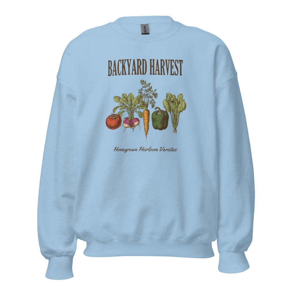 Backyard Harvest heirloom vegetable gardening crewneck sweatshirt — Light Blue, front