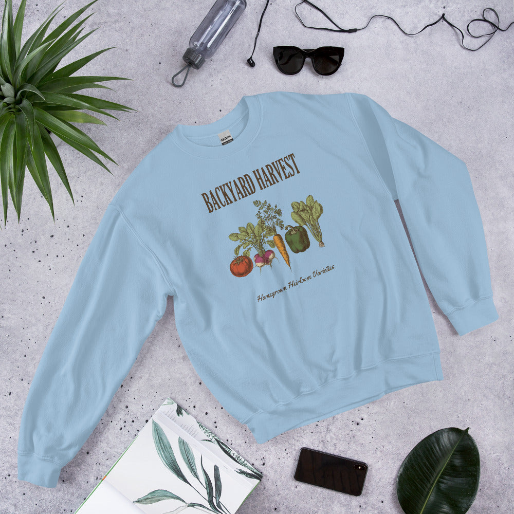 Backyard Harvest heirloom vegetable gardening crewneck sweatshirt — Light Blue, front-right