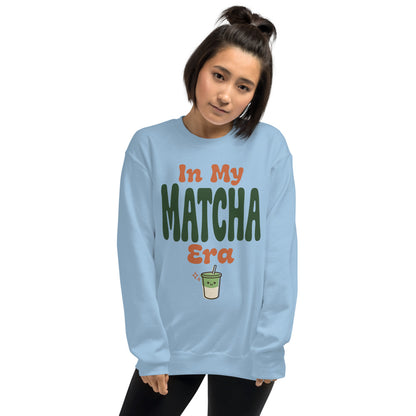In My Matcha Era retro matcha crewneck sweatshirt — Light Blue, on model