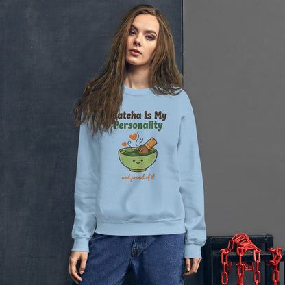 Matcha Is My Personality retro matcha crewneck sweatshirt — Light Blue, on model