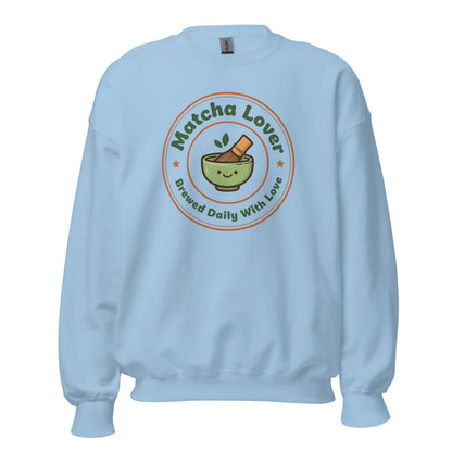 Matcha Lover retro café badge crewneck sweatshirt — Light Blue, front