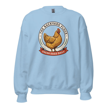 Backyard Flock heritage chicken keeper crewneck sweatshirt — Light Blue, front