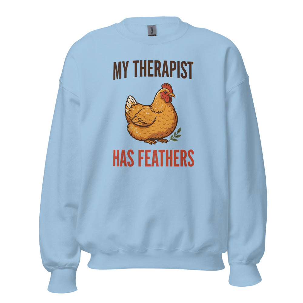 My Therapist Has Feathers funny chicken keeper crewneck sweatshirt — Light Blue, front