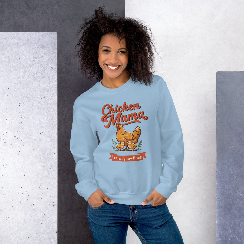 Chicken Mama raising my flock chicken keeper crewneck sweatshirt — Light Blue, on model