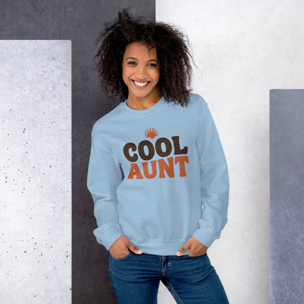 Cool Aunt retro groovy aunt crewneck sweatshirt — Light Blue, on model