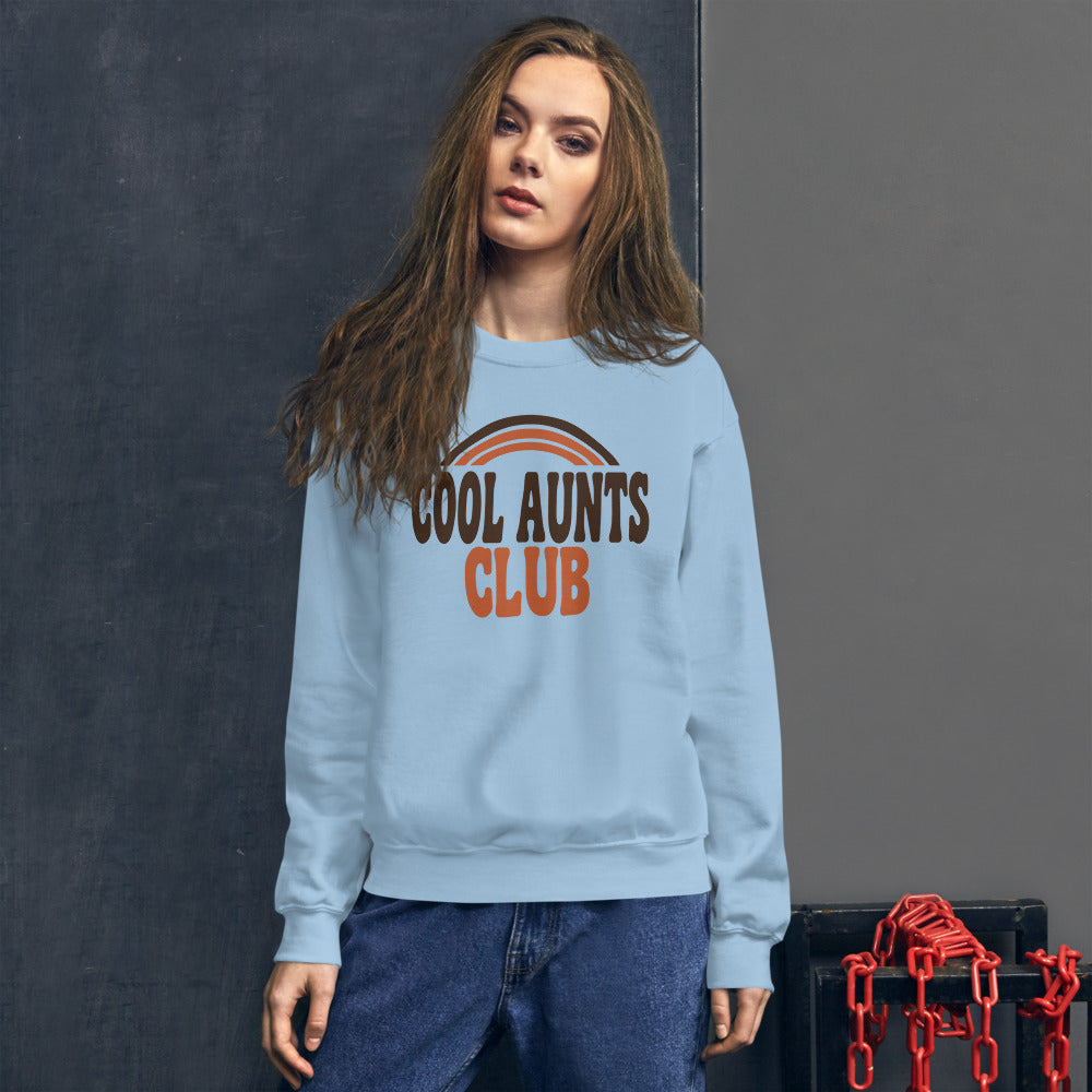 Cool Aunts Club retro groovy aunt crewneck sweatshirt — Light Blue, on model