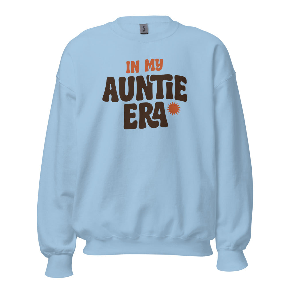 In My Auntie Era retro groovy aunt crewneck sweatshirt — Light Blue, front