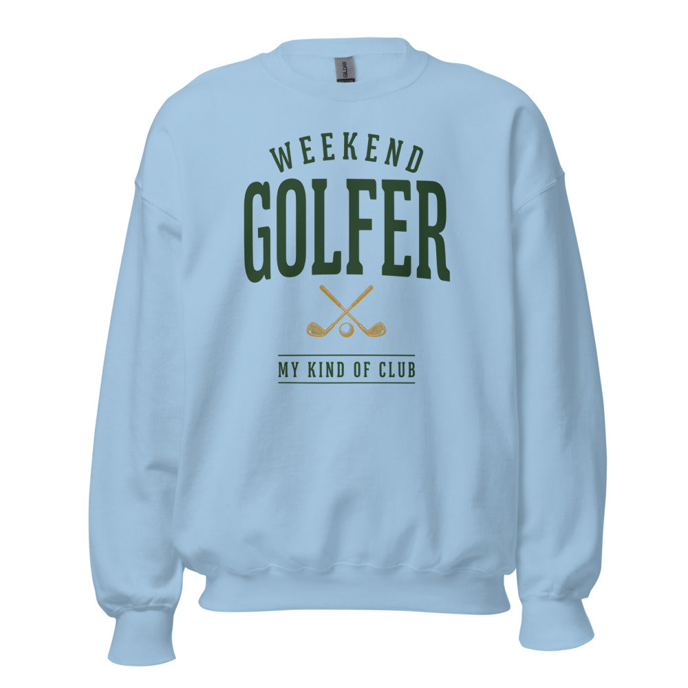 Weekend Golfer vintage golf wordmark crewneck sweatshirt — Light Blue, front