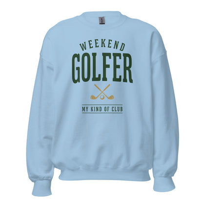 Weekend Golfer vintage golf wordmark crewneck sweatshirt — Light Blue, front